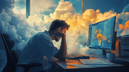 man at his desk computer looking stressed