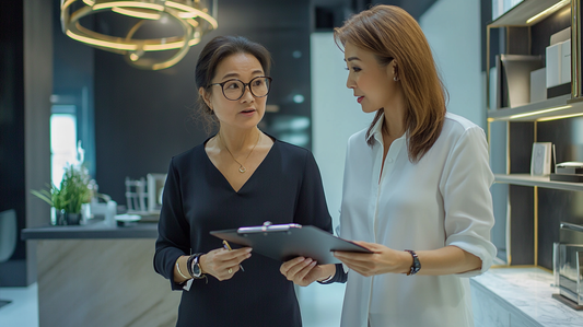 woman talking to a feng shui professional about her office