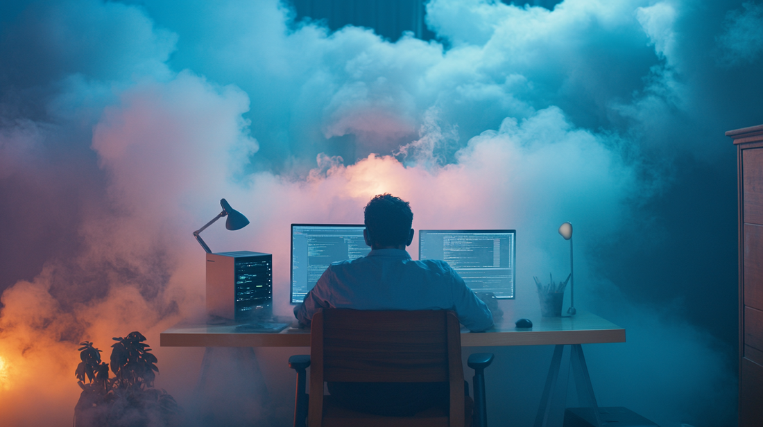 man at his desktop computer desk shrouded in clouds of blue and orange