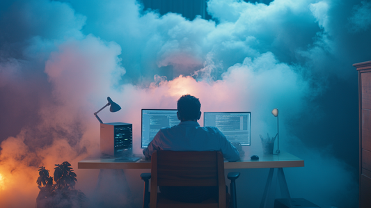 man at his desktop computer desk shrouded in clouds of blue and orange