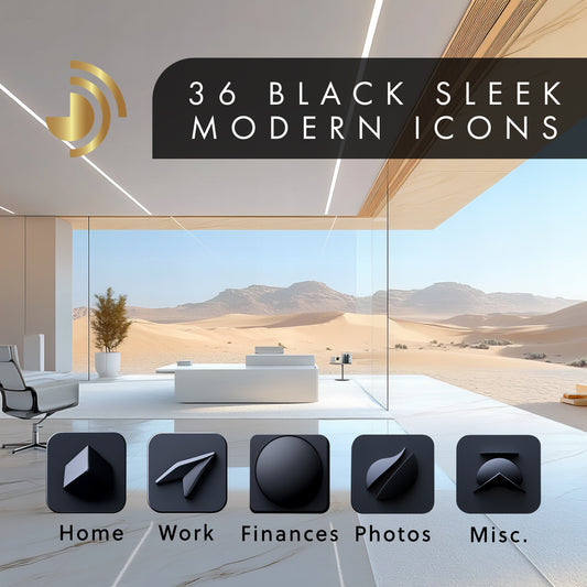 36 black sleek modern desktop icons. Various styles. 