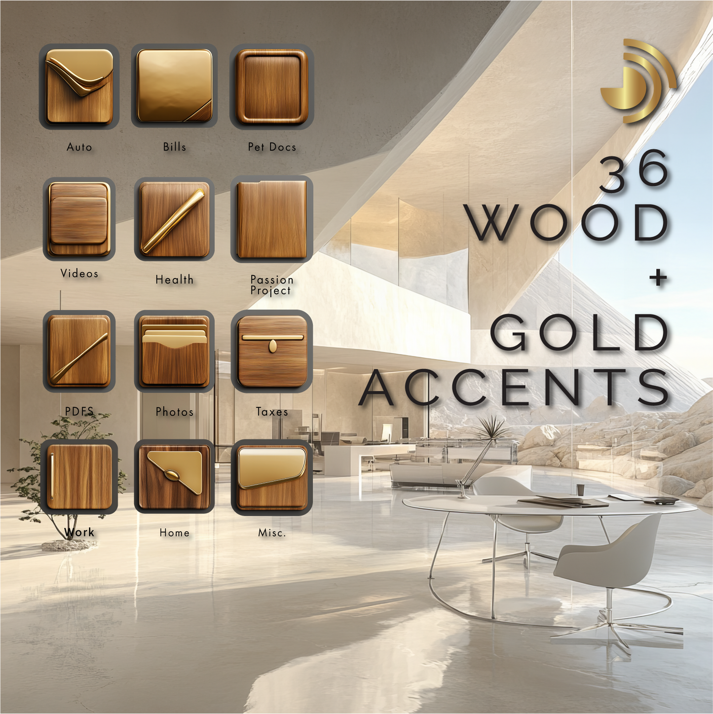 36 Wood and Gold Accent Icons